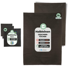 Grünschloss Geschirrtücher Halbleinen & Spültücher Anthrazit - Set 2X Küchentuch groß 50x70cm (50% Baumwolle/Leinen) + 3X schwedische Spüllappen waschbar - Graue Spül- & Küchentücher Made in EU