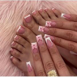 48Pcs White French Tip Press on Nails with Bow Charms & Press on Toenails Set Square Nail Press ons with 3D Charms Designs Pink Fake Nails Acrylic Nails Stick on Nails for Women Nail Decorations