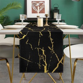 Spring Table Runner Modern Table Runner Linen Summer 40 x 140 cm Black Marble Golden Texture Abstract Art Tablecloth for Dining Table Party Wedding Easter Living Room