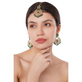 Boutique De Luxe, Suhan Indian Jewelry Maang Tikka Set, Indian Earrings For Women, Indian Earrings, Bollywood Jewelry For Women, Party Fashion Wear for Weddings and Parties (Green)