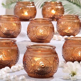36 Pcs Amber Candle Holders- Amber Glass Candle Holders, Amber Fall Votive Candle Holders for Thanksgiving Decor, Fall Tablescape, Vintage Tea Lights Candle Holders for Home Decor, Boho Decor