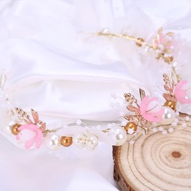yuruyi Flower Crown for Women with Pearl, Adjustable Floral Headpiece Handmade Hair Accessory Photo Pops Handband Floral Crown for Wedding Festival Party Birthday (Pink, Adjustable)