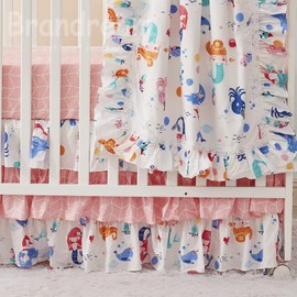 Brandream Mermaid Crib Bedding Set for Girls Pink Baby Nursery Nautical Bedding 3 Piece Ocean Animal Blanket Set, Soft Cotton Fitted Sheet 3 Tiers Crib Skirt