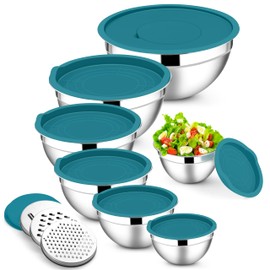 E-far Mixing Bowls with Lids Set, 7-Piece Stainless Steel Mixing Bowls with 3 Grater Attachments, Size 4.6, 3.5, 2.6, 2, 1.5, 1, 0.7QT, Metal Nesting Bowls & Blue Airtight Lids, For Baking/Cooking