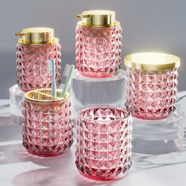 XLHOMO Bathroom Accessories Set Pink Bathroom Set Glass Bathroom Accessories Set Pink Bathroom Accessories Bathroom Set Diamond Soap Dispenser and Toothbrush Holder Set for Bathroom Decor