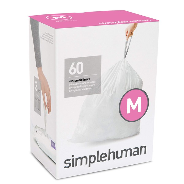 simplehuman Code M Custom Fit Liners, Tall Kitchen Extra Strong Trash Bag, 45 Liter / 12 Gallon, 3 Refill Packs (60 Count)