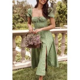 Women's Puff Sleeve Split A-Line Maxi Dress Elegant Floral Print Ruched Long Dress Green Large
