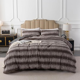 Wajade Fluffy Jacquard Striped Comforter Set King Size Ultra Soft Fuzzy Furry Tie Dye Dark Grey 3Pcs Bedding Set Luxury Shaggy Faux Fur Bed Set with Matching Shams