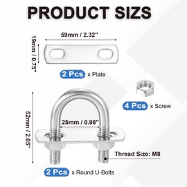 PATIKIL Round U-Bolts, 2 Pcs 0.98"(25mm) Inner Width 52mm Length M8 with Nut Plate Washer 304 Stainless Steel Round Bend U-Bolts for Boat Trailer Axle Sailboat