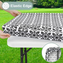 misaya Rectangle Vinyl Table Cloth, Elastic Fitted Flannel Backed Tablecloth, 100% Waterproof Plastic Table Cover Fits 4 Foot Folding Tables for Picnic, Camping, Outdoor (Black, 24" x 48")