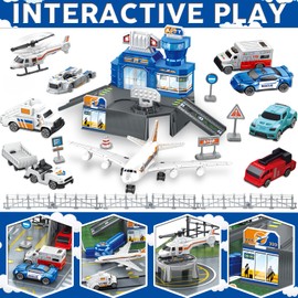 Airplane Toy Set - Airport Playset for Toddlers with Trucks,Planes, Helicopter, Signs and Fabric Airport Playmat, Interactive Early Learning Toys Birthday Gift for Boys and Girls Age 2 3 4 5+