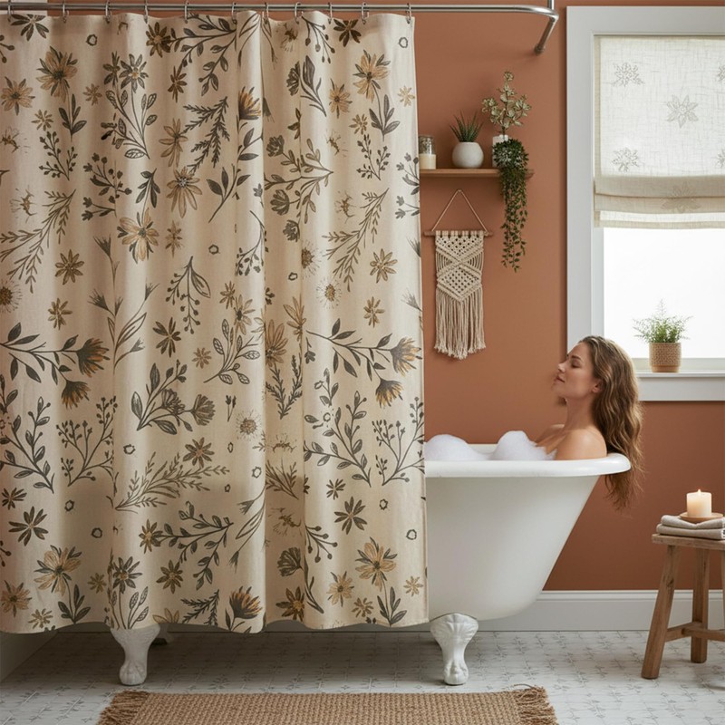TIVNICO Golden Wildflowers Linen Shower Curtain Set with Liner,72" Wx72