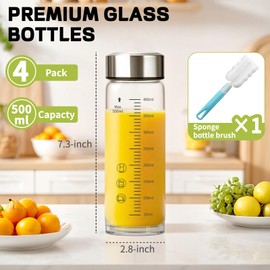 16oz Glass Juice Bottles - 4 Pack Wide Mouth Glass Bottles with Lids- BPA Free, Borosilicate Stainless Steel Lids for Juicing, Smoothies, Infused Water, Beverage Storage