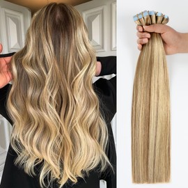 JESSBO Tape in Hair Extensions Human Hair Ash Blonde Highlighted Bleach Blonde 14 inch 20pcs 40g/pack Straight Seamless Skin Weft 100% Real Human Hair