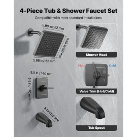 Single Handle Tub Shower Faucet Set 6 Inch Rainfall Shower Head Bathtub Spout Complete 6 Inch Rainfall Shower Head Bathtub SpoutDefault: Default