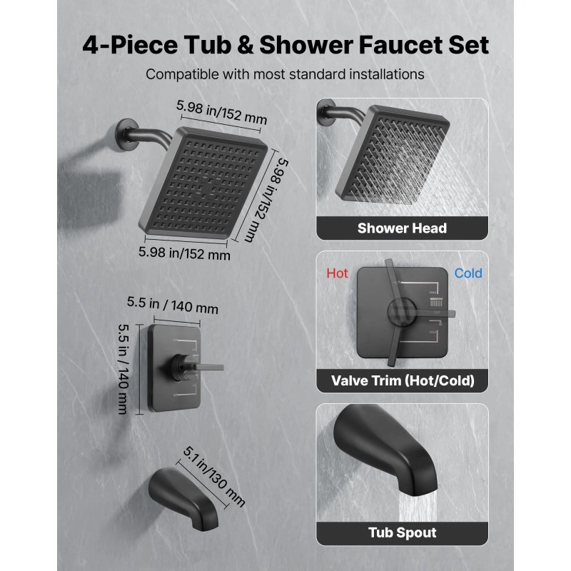 Single Handle Tub Shower Faucet Set 6 Inch Rainfall Shower