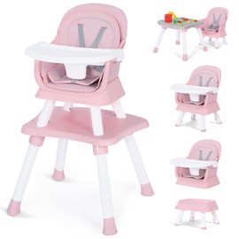 Kinder King 8 in 1 Baby High Chair, Coverts to Dining Booster Seat/Kids Table & Chair Set/Toddler Building Block Table/Kids Stool, Removable Tray & Double Seat Cover, Easy to Wipe, Pink & White