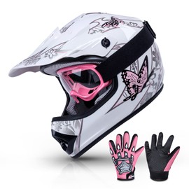 TCMT Dot Youth & Kids Motocross Offroad Street Helmet Pink Butterfly Motorcycle Youth Helmet Dirt Bike Motocross ATV Helmet+Goggles+Gloves M