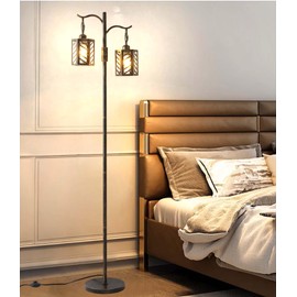 ShuideHua Industrial Floor Lamp,Vintage Dimmable Floor Lamp,2 Classical Lanterns Standing Lamp, Rustic Farmhouse Floor Lamp with Bronze Gold Finish, for Living Room Bedroom (Bronze)