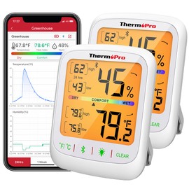 ThermoPro Bluetooth Hygrometer Thermometer, 260FT Wireless Remote Temp and Humidity Meter, with Large Backlit LCD, Data Storage and Export, Temperature and Humidity Monitor, Max Min Records, 2 Pack