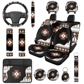 DBBXHZJY 14 Pcs Black Aztec Car Seat Covers Full Set for Women,Auto Steering Wheel Cover Armrest Cushion Protector Seat Belt Covers,Tribal Cars Interior Accessories Set Unverisal Fit Cars SUV Turcks