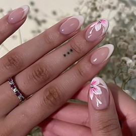ROFIBUT White French Tip Press on Nails Short Almond Fake Nails with Rhinestones Design Glossy Pink White Flower False Nails Summer Floral Glue on Nails Reusable Stick on Nails for Women 24Pcs