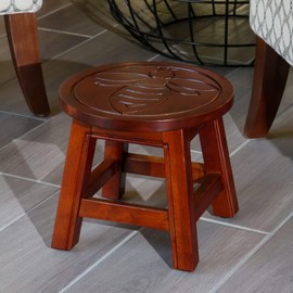 JINS&VICO Wooden Step Stool, Round Mini Side Table, Carved with Queen Bee Pattern, Indoor Foot Stool for Kitchen Living Room Bedroom Bathroom, No Assembly Needed, Cherry