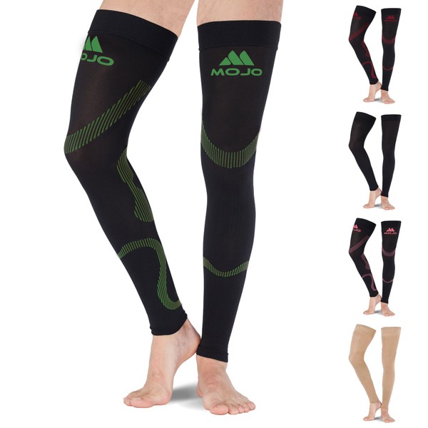 Mojo Compression Socks 20-30mmHg Thigh High Leg Sleeve Support for Varicose Veins, Lymphedema, and DVT - Black/Green, Medium A609BG2 - Ideal for Recovery of Calf and Quads - 1 Pair