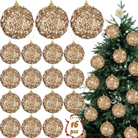 Liliful 3.15" Large Christmas Ball Ornaments Glitter Christmas Decorations Tree Balls Christmas Hanging Ornaments for Xmas Tree Wedding Home Table Top Party Holiday Decor(Champagne Gold, 16 Pcs)