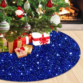 WUPIOS 60In Christmas Tree Skirt Blue Xmas Tree Skirt Large Outdoor Christmas Tree Decorations Embroidered Velvet Tree Skirts Royal Blue Big Sequin Tree Mat for Merry Christmas Party Tree Decoration