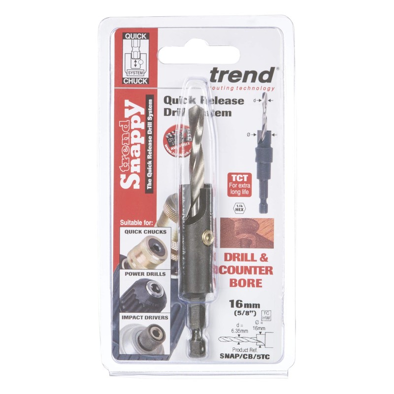 Trend Snappy 16mm TCT Counterbore with 6.35mm HSS Drill, Quick