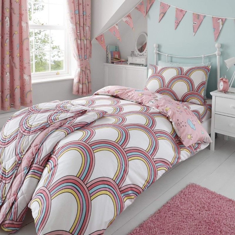 Happy Linen Company Girls Kids Unicorns Rainbows Pink Single Reversible