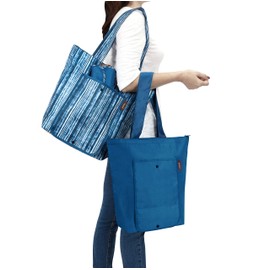 SACHI 3 Piece Market Tote Set – Insulated Thermal Reusable Grocery Bags for Cold and Hot Foods – Lightweight, Portable and Fold-able (Blue Denim Stripes)