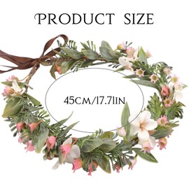 KorViSHOW Pink Flower Crown Headband - Handmade Fairy Floral Headbands Green Leaf Flower Headpiece for Women Girls Bridal Renaissance Hair Accessories Birthday Vacation Festival Party Headwear