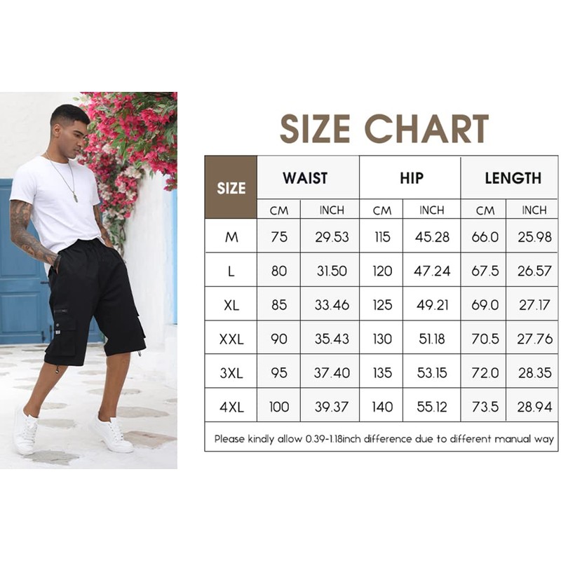 Mens Cargo Shorts Cotton Elastic Waist Capri Knee Length Multi