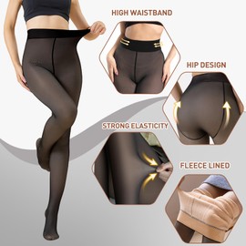 Women's Winter Tights Fleece Lined Pantyhose Fake Translucent Leggings Opaque Warm Leggings Thicken Control-Top Tights (CA/US, Alpha, One Size, Regular, Regular, Black, Thicken 320g)