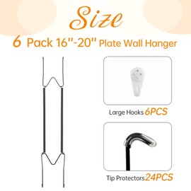 6 Pack Plate Hangers for The Wall, Suitable for 16-20 inch Art Plate, Stainless Steel Invisible Heavy Duty Wire Plate Holder with Wall Hooks, Plate Hangers for Displaying Plates, Platter, Dish, Black
