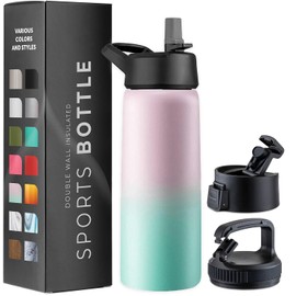 LOFERMA 25 Oz Triple Walled, Insulated Water Bottles with Straw - Stainless Steel Metal Bottle W/ 3 Leak Proof Lids - For Travel, School, Sports, Gym/Men, Women (Dreamy Pink-green)