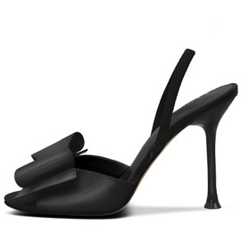ITOZER Satin High Heels Mules Pointed Toe Slingback Bow Stiletto Heel Comfortable Wedding Party Shoes，Black，Size 7