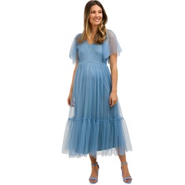 PinkBlush Blue Dotted Tulle Smocked Maternity Midi Dress
