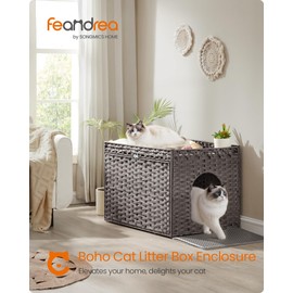 Feandrea Cat Litter Box Enclosure, Handwoven Rattan Hidden Litter Box Furniture with Extra Litter Mat, Removable Washable Tray, Boho Cat House, End Table, Dove Gray UPCL014G01