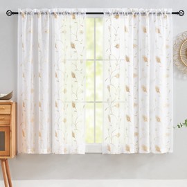 Embroidery Sheer Curtains Beige 63 Inch Length, Rod Pocket Voile Drapes for Living room, Bedroom, Window Treatments Semi Crinkle Curtain Panels for Yard, Patio, Villa, Parlor, Set of 2, 52"x 63".