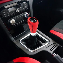 Arenbel Manual Shifter Knob 5 Speed Leather Gear Stick Lever Shift Handle Replacement Fit Most Cars, Red