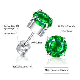 ZOCOYUU Titanium Screw Back Surgical Stainless Steel Stud Earrings for Women Men,Hypoallergenic Birthstone Stud Earrings Double Side 5A Cubic Zirconia Studs Jewelry 6mm (May (Emerald))