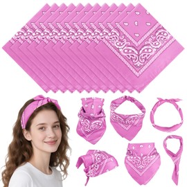 PLULON 12 Pcs Pink Bandanas Bulk 20 x 20 Inch Paisley Pattern for Women Men, Head Scarf Cowboy Bandana Neon Square Handkerchiefs Outdoor Cycling Face Mask Headwear for Boy Girls 100% Polyester
