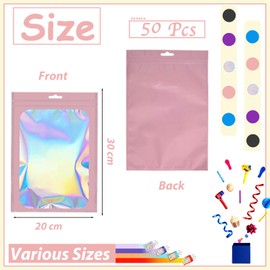 50pcs Mylar Holographic Bags 20x30cm,Pink Smell Proof Mylar Bags Resealable Sweet Pouches,Small Plastic Bags Sample Bags for Lipgloss,Jewelry,Eyelash,Food Storage Gift Grip Foil Ziplock Mylar Bags