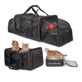 LitaiL Cat Travel Carrier with Litter Boxes for 2 Cats, Double-Compartment Soft Pet Carrier, Expandable Portable Cat Carrier for Car Travel, up to 35 lb Road Trip, Camping, Hiking, Black