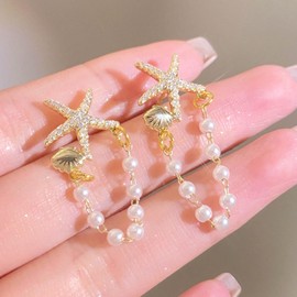 Wendalern Boho Long Tassel Pearl Drop Earrings Starfish Shell Stud Earrings Imitation Pearl Hoop Earrings Beach Pave CZ Starfish Shell Statement Earrings Ocean Jewellery for Women, Zinc, No Gemstone