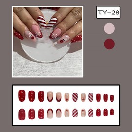 24Pcs Christmas Press on Nails Medium Pointed Fake Nails Pink with Nail Tips Design Snowflake Reindeer False Nails Winter Holiday Full Cover Artificial Glue on Nails Xmas Stick on Nails for Women