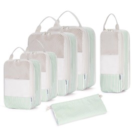 Narwey 6 Set Compression Packing Cubes for Suitcases and Backpack, Travel Organiser Packing Bags for Carry on Hand Luggage Travel Essentials Bag (Mint Green Stripe)